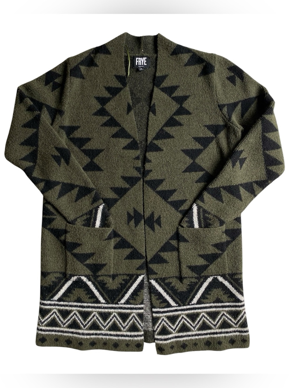 Frye Olive Green Aztec Southwestern Fuzzy Knit Open Front Cardigan Sweater M - Picture 2 of 7